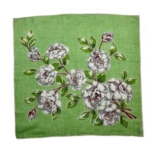 Vintage 1950s Apple Green Cotton Handkerchief White Camellia Floral Print Hanky